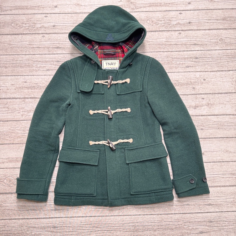 TNA Aritzia Duffle Coat Women's Small Green Wool Blend Plaid Lined Toggle Hooded